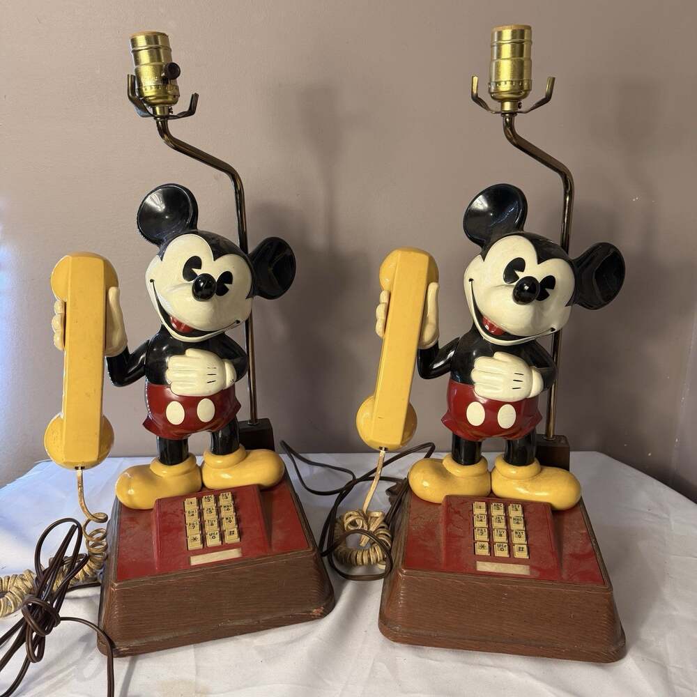 Set Of 2 Vtg Mickey Mouse Phone Lamp Walt Disney TMIF800I Working